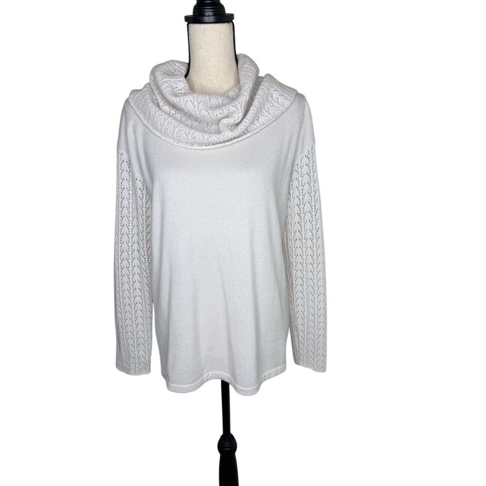 Garnet Hill Sweater Ivory Cashmere Crochet Knit Cowl Neck and Sleeves Size S